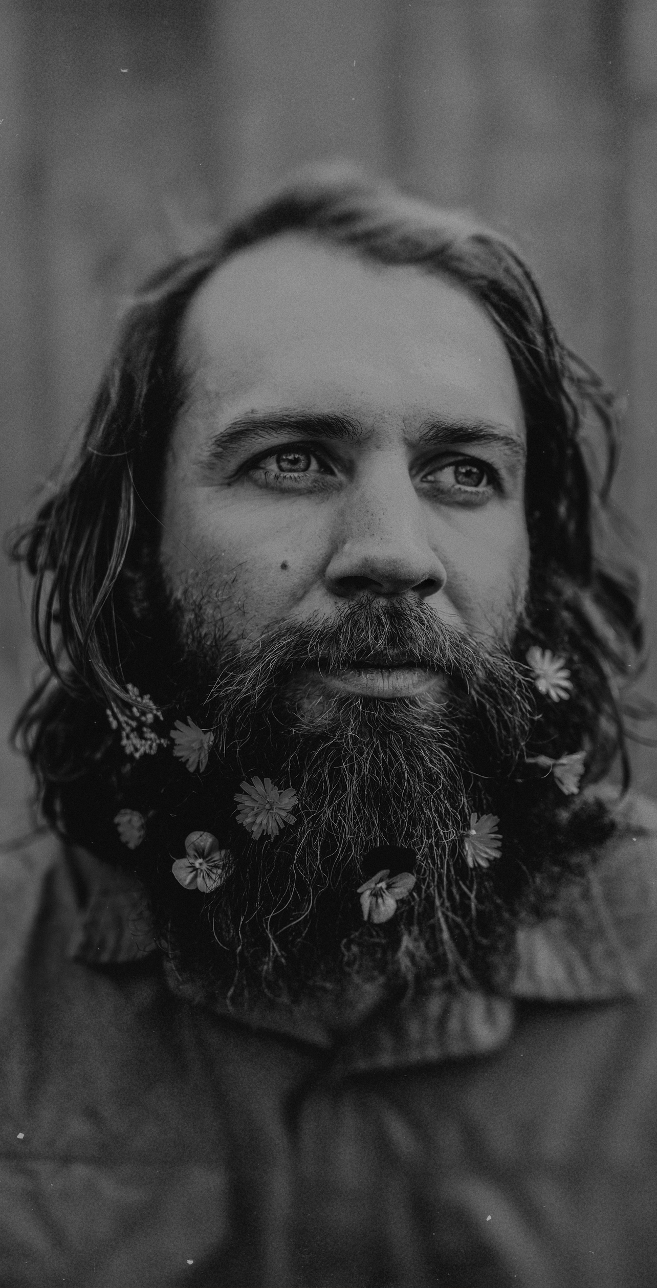 moody portrait of male with flowers in beard