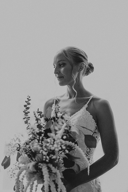 moody black and white bridal portrait in portland oregon